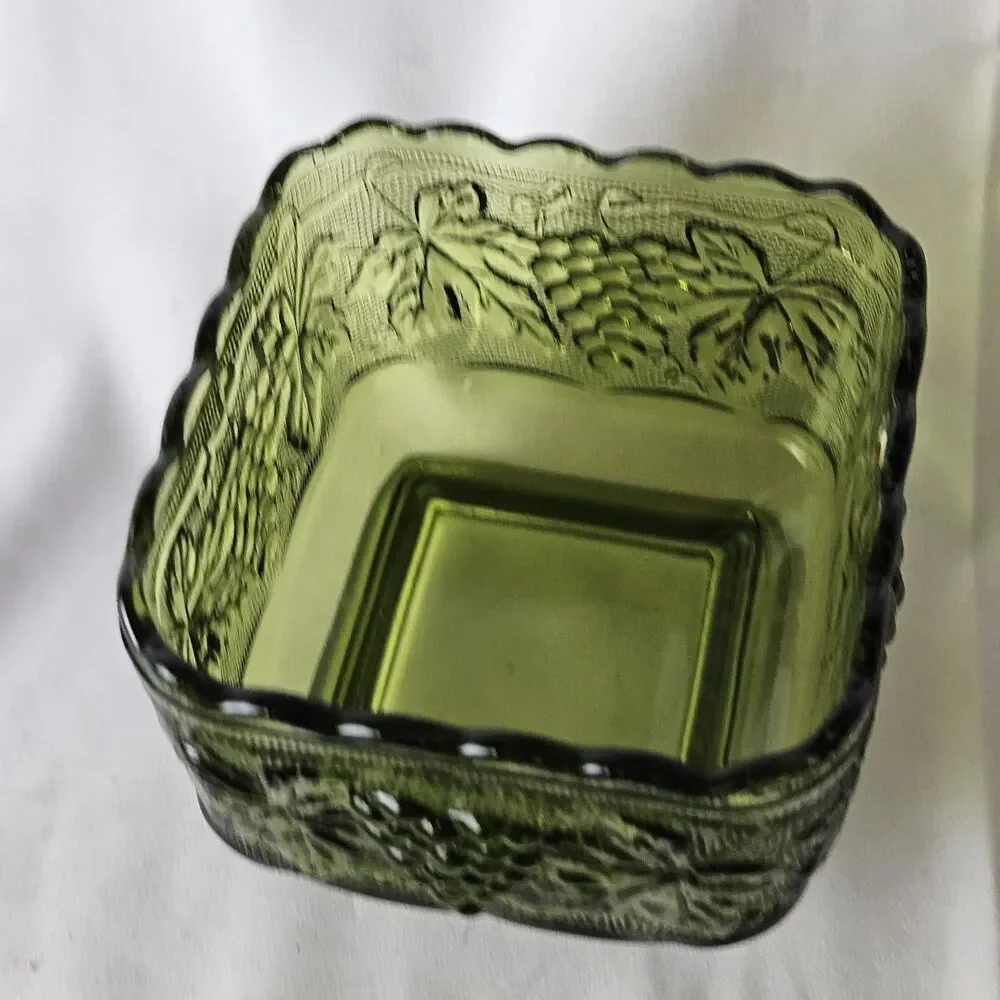 Vintage Anchor Hocking Square Green Glass  Dish Bowl Grapes and Leaves